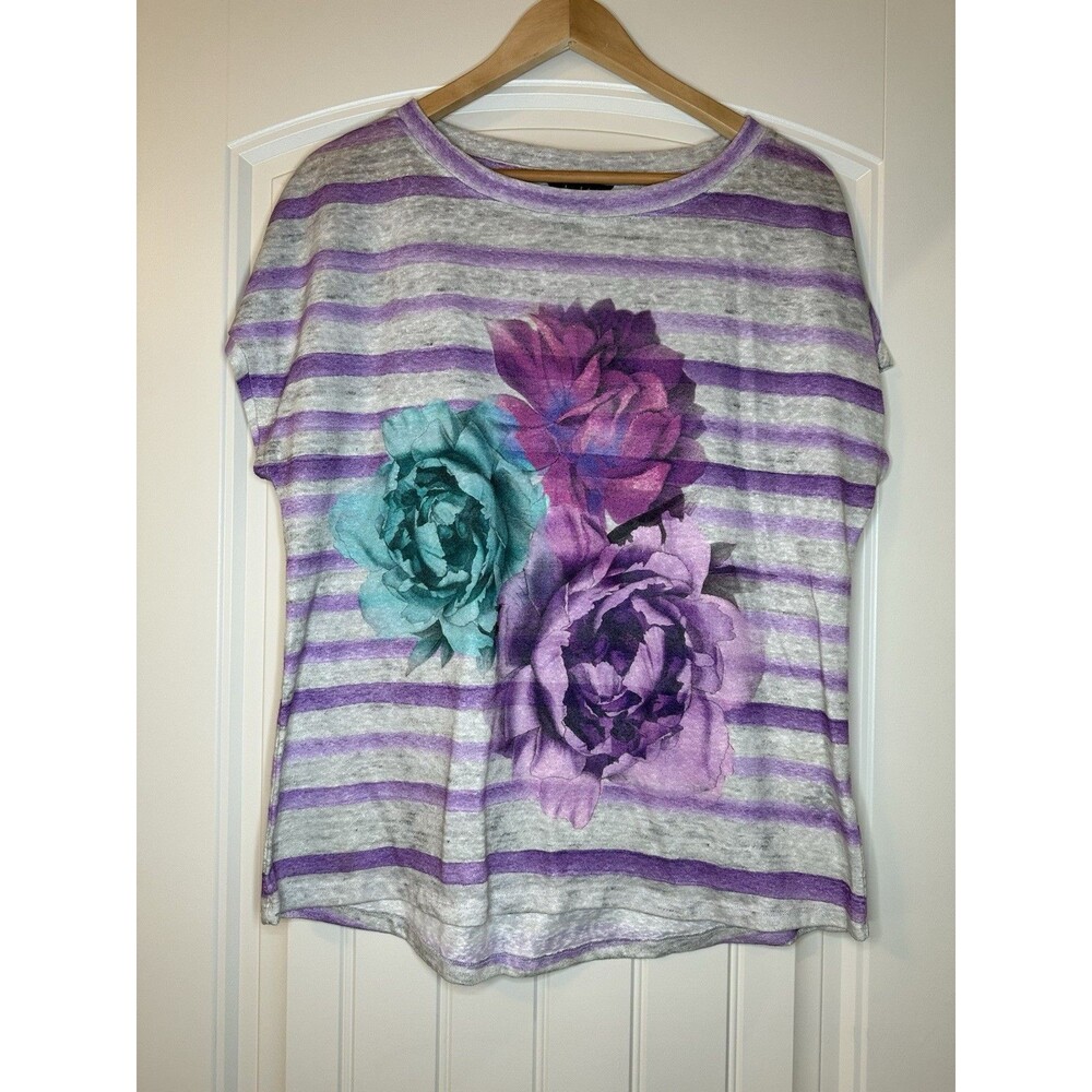 Womens‎ Nicole Miller Short Sleeve Shirt Purple Gray Stripe Flower Top XL